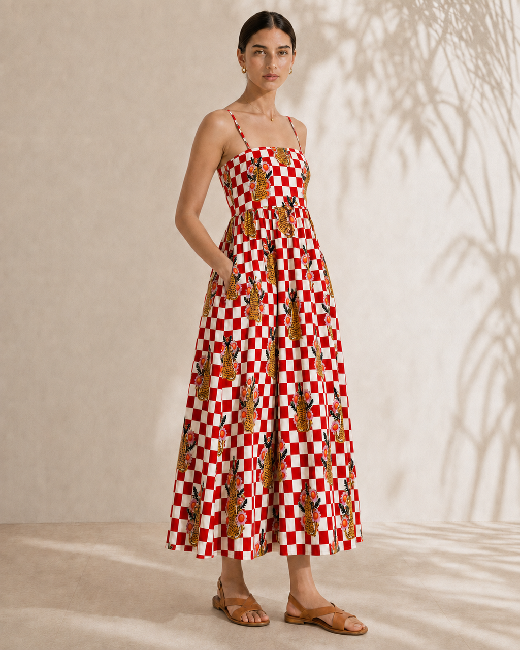 Checkered Cheetah Strappy Maxi Dress