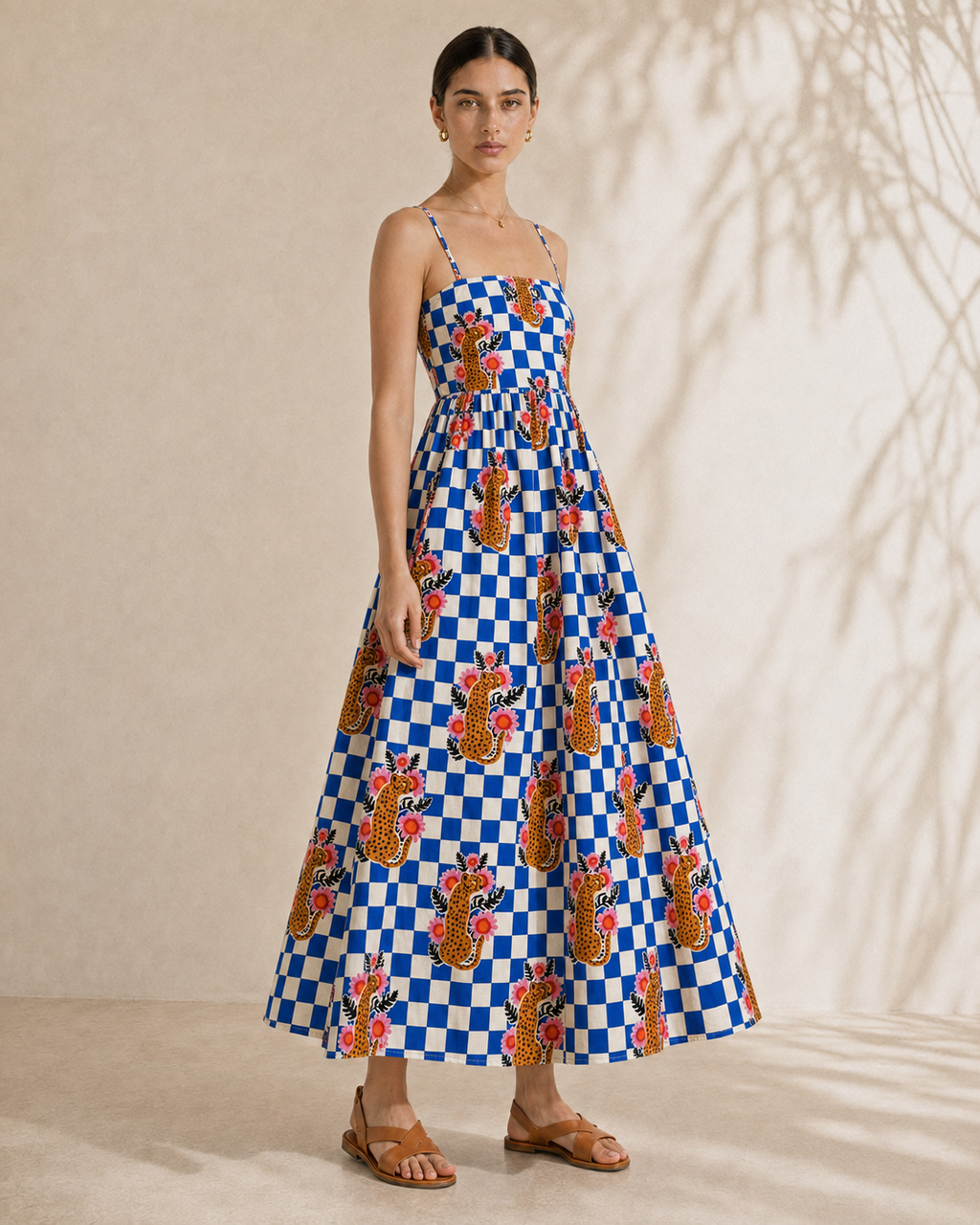 Checkered Cheetah Strappy Maxi Dress