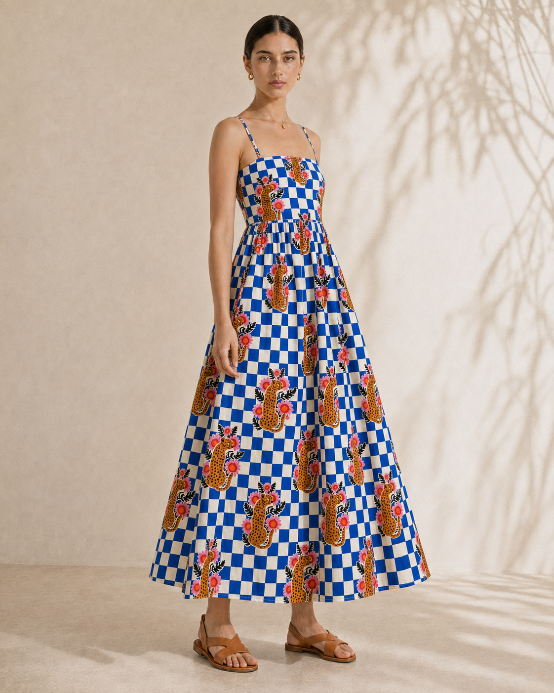 Checkered Cheetah Strappy Maxi Dress