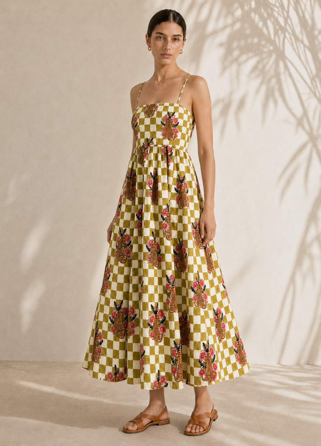 Checkered Cheetah Strappy Maxi Dress
