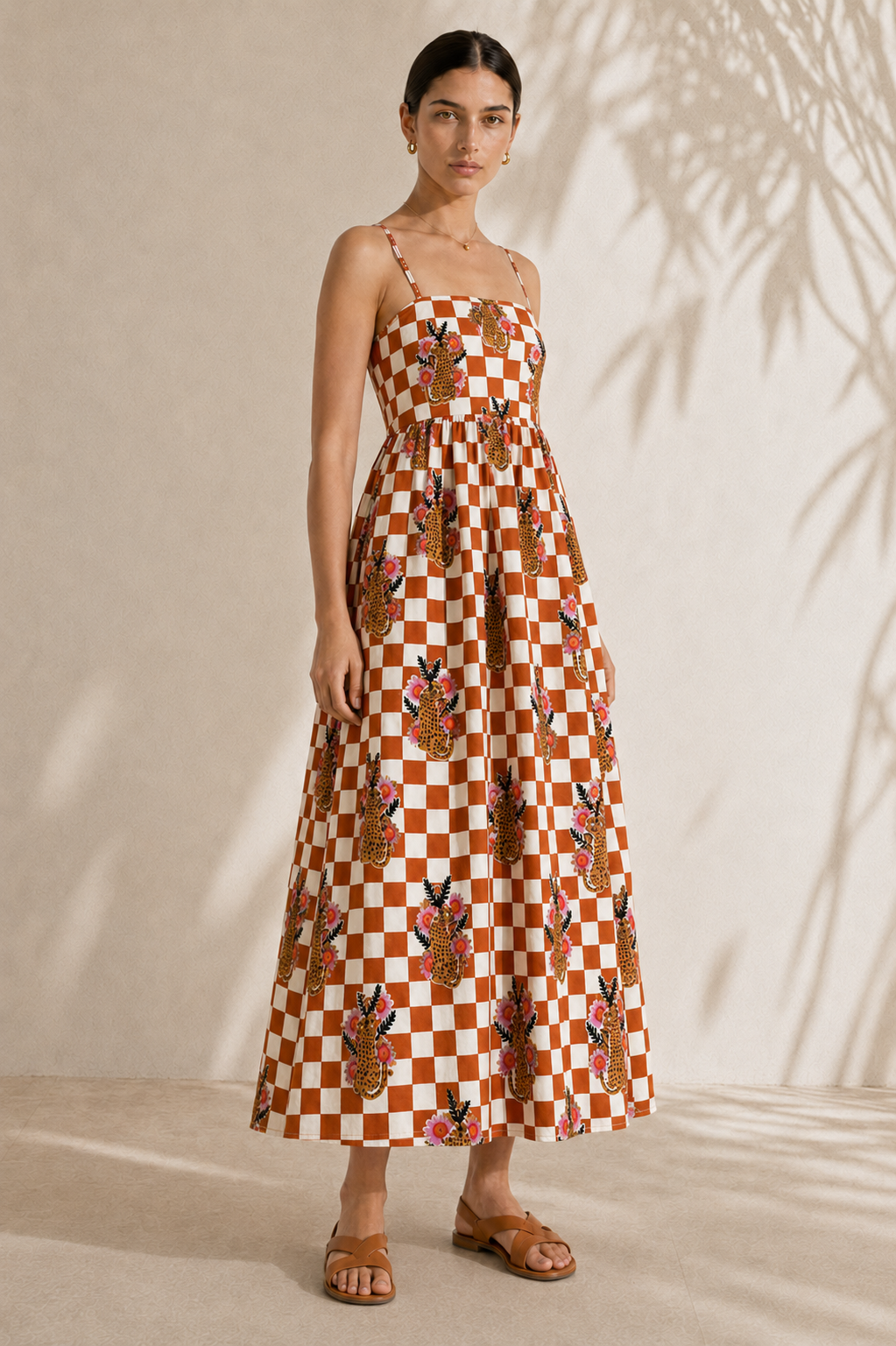 Checkered Cheetah Strappy Maxi Dress