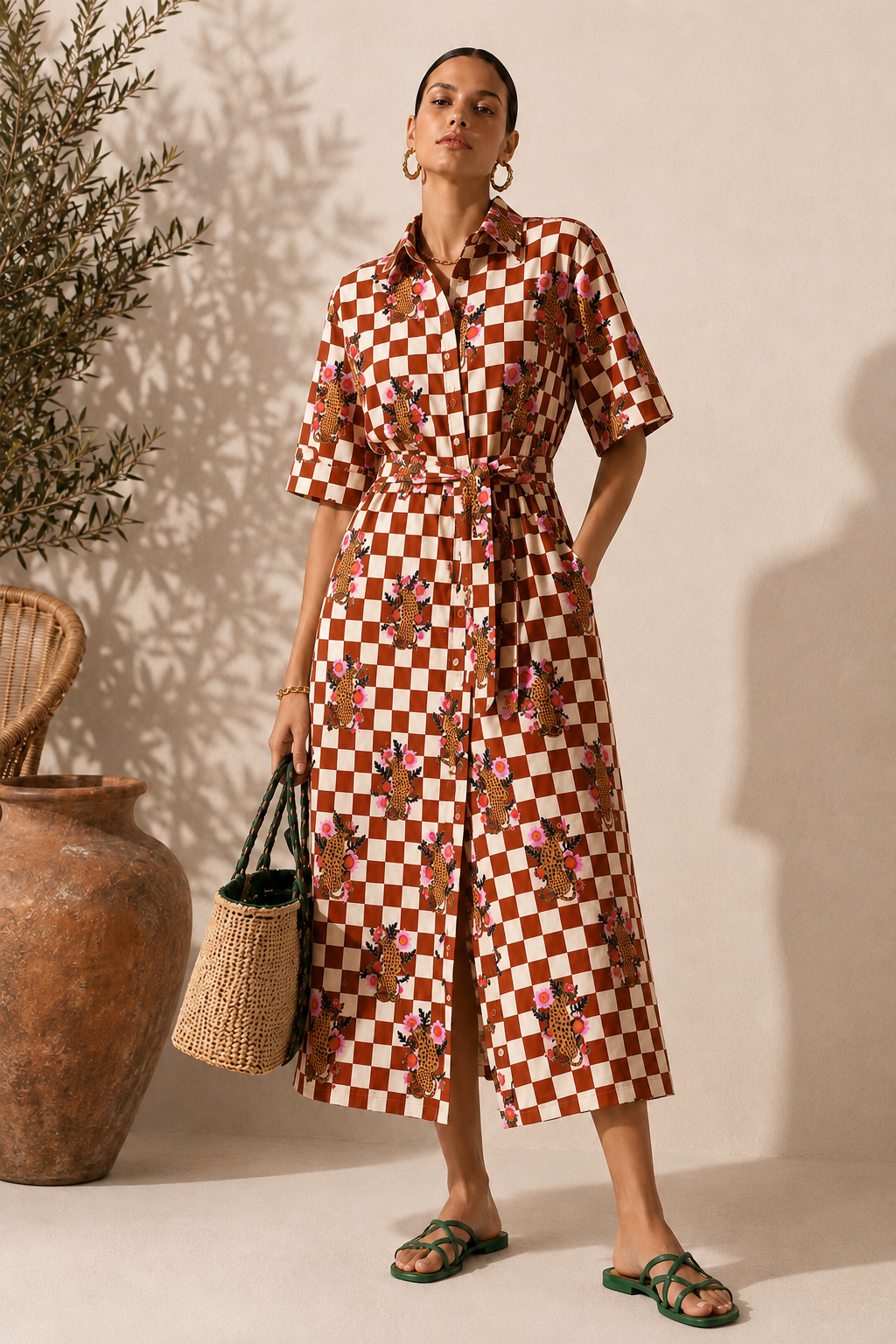 Checkered Cheetah Shirt Dress