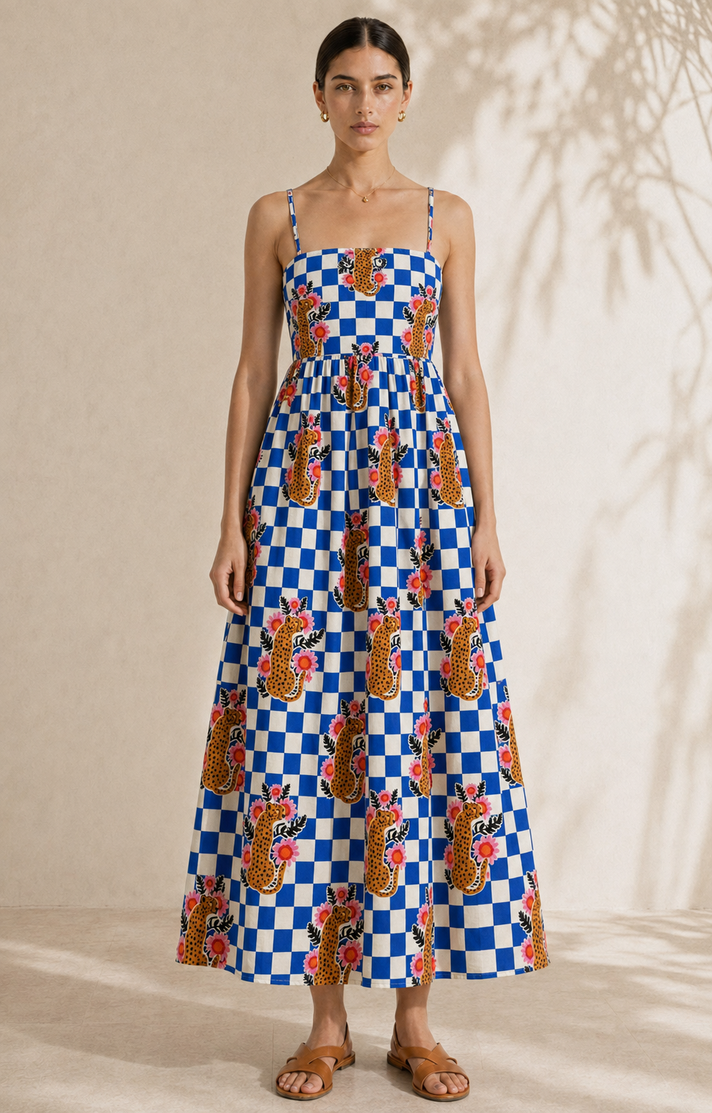 Checkered Cheetah Strappy Maxi Dress