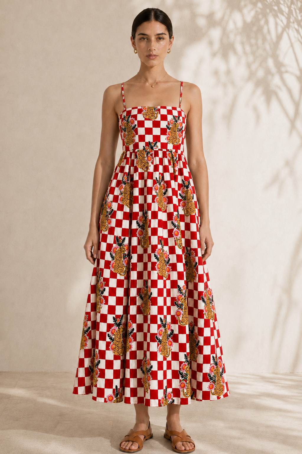 Checkered Cheetah Strappy Maxi Dress