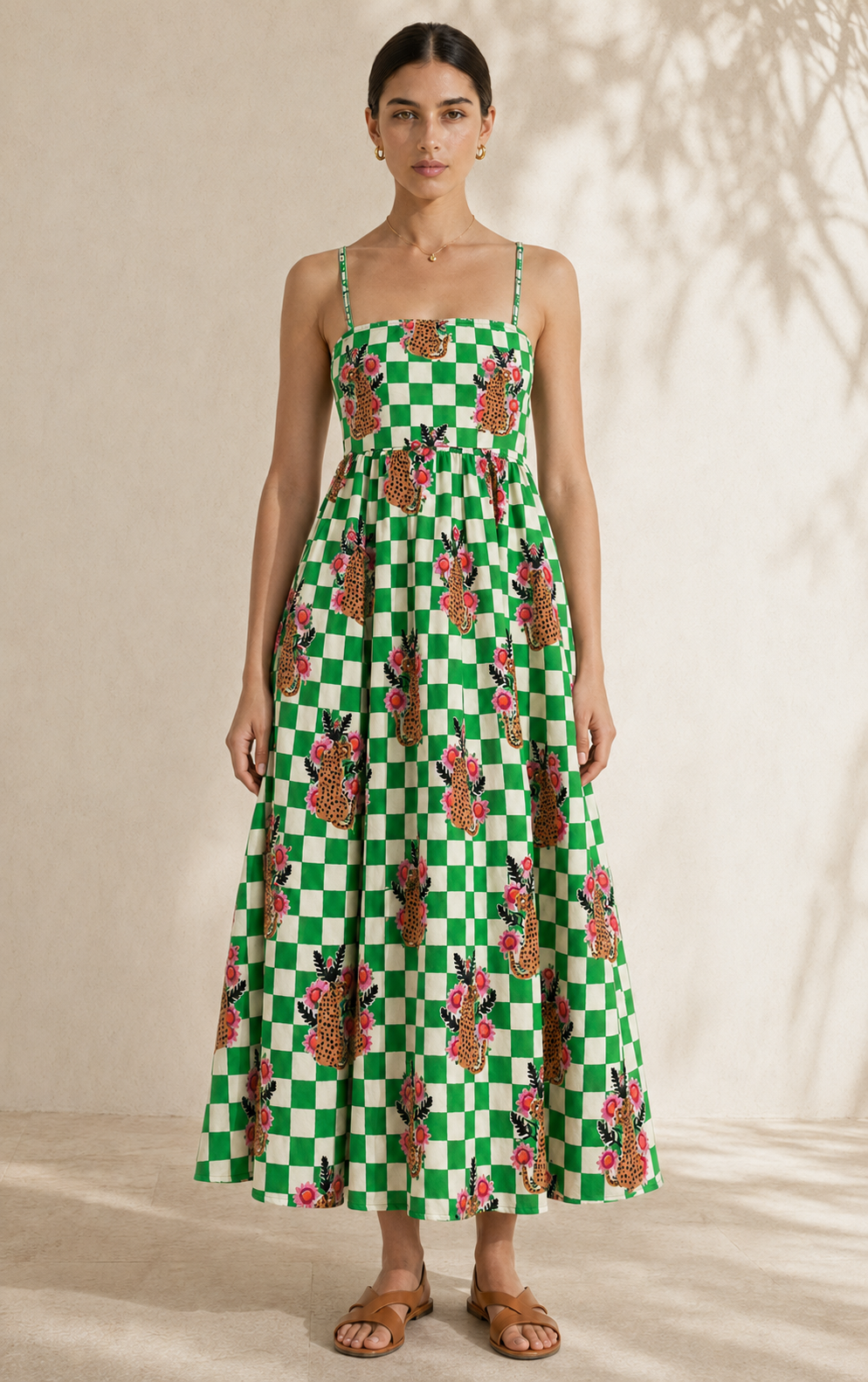 Checkered Cheetah Strappy Maxi Dress