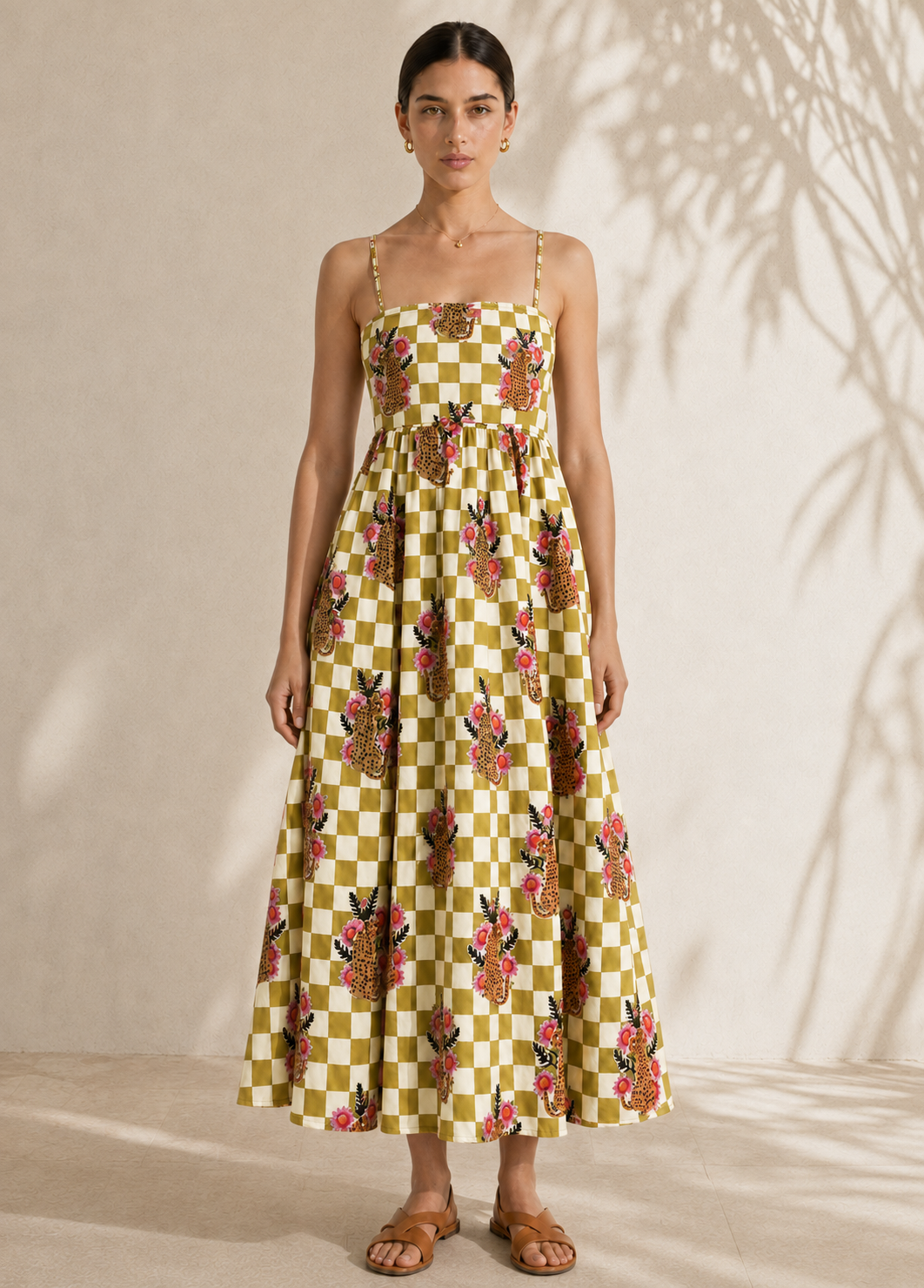 Checkered Cheetah Strappy Maxi Dress