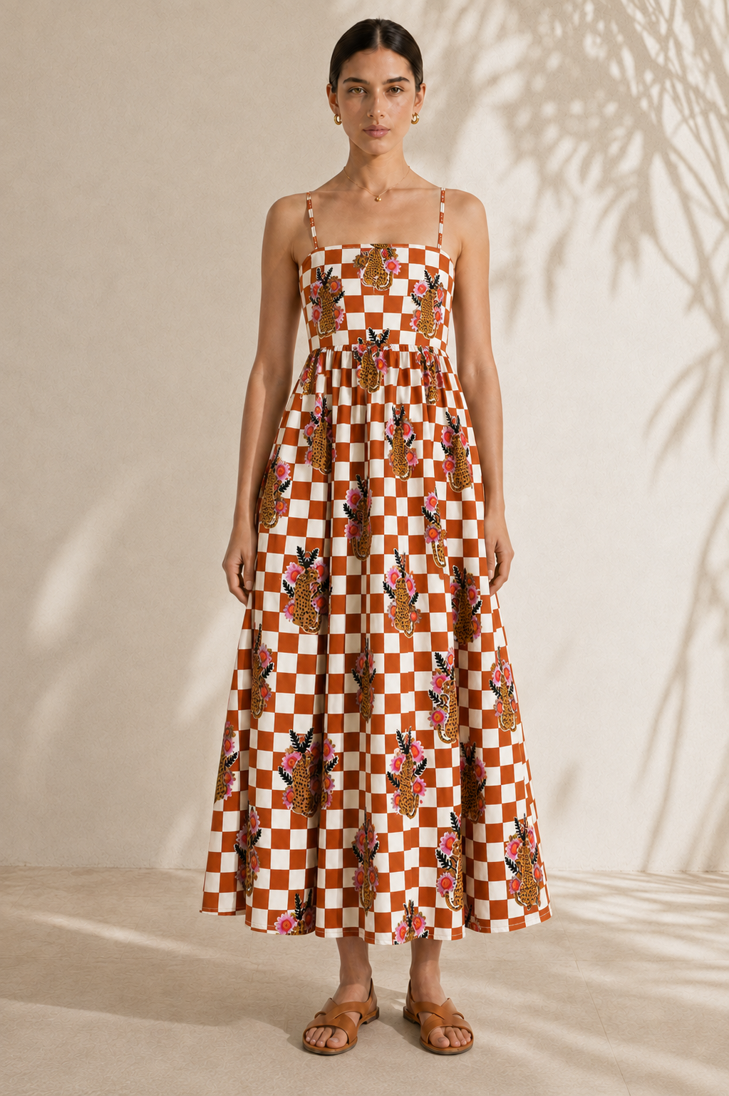 Checkered Cheetah Strappy Maxi Dress