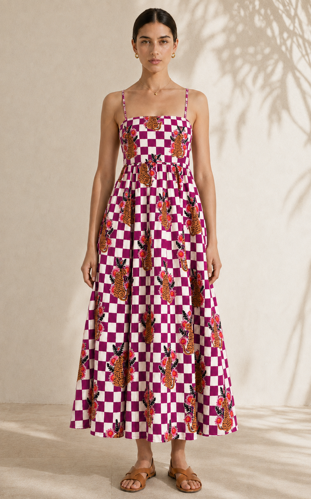 Checkered Cheetah Strappy Maxi Dress