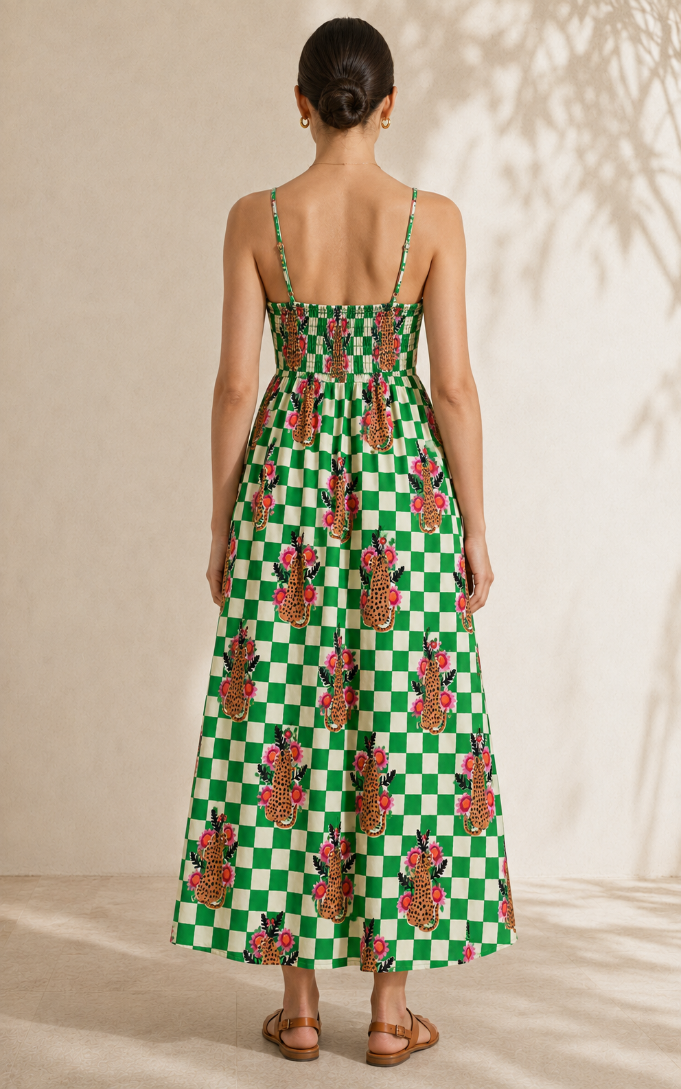 Checkered Cheetah Strappy Maxi Dress