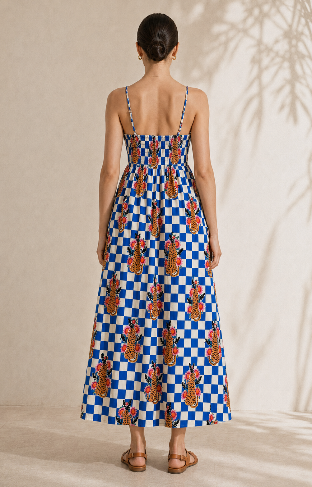 Checkered Cheetah Strappy Maxi Dress
