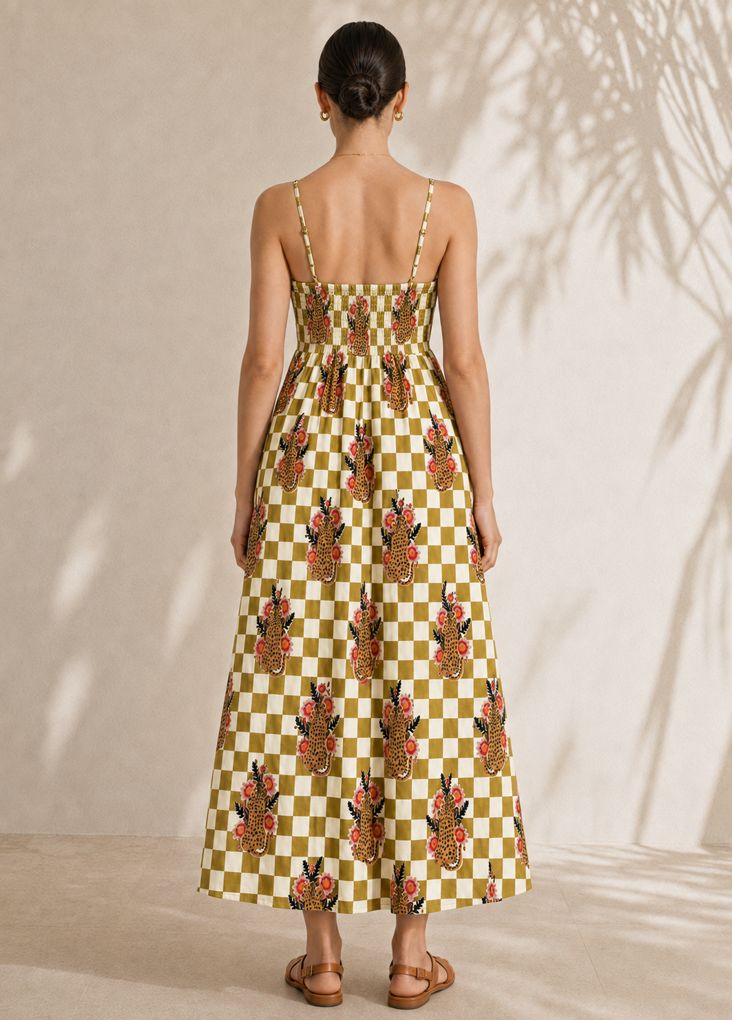 Checkered Cheetah Strappy Maxi Dress
