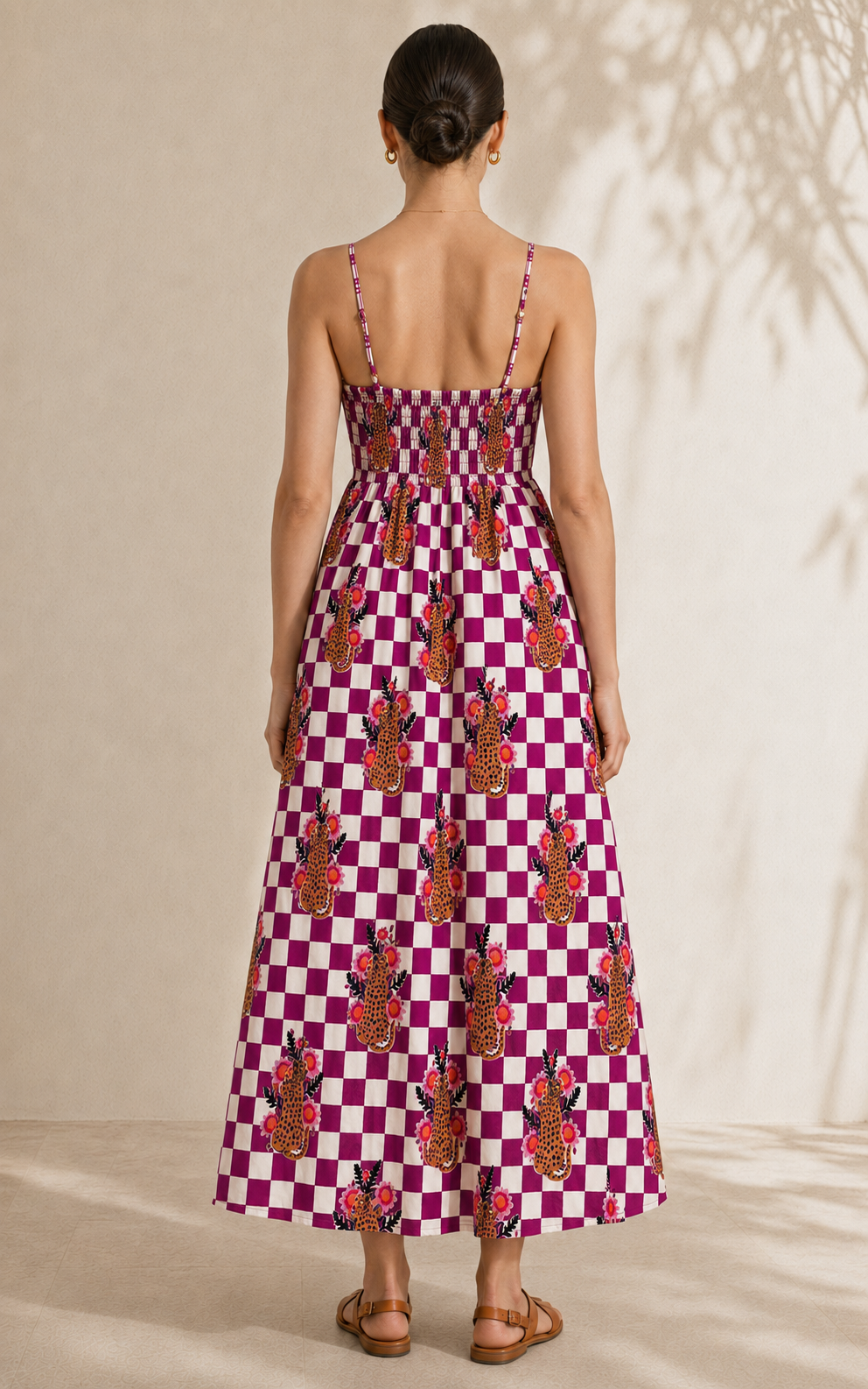 Checkered Cheetah Strappy Maxi Dress