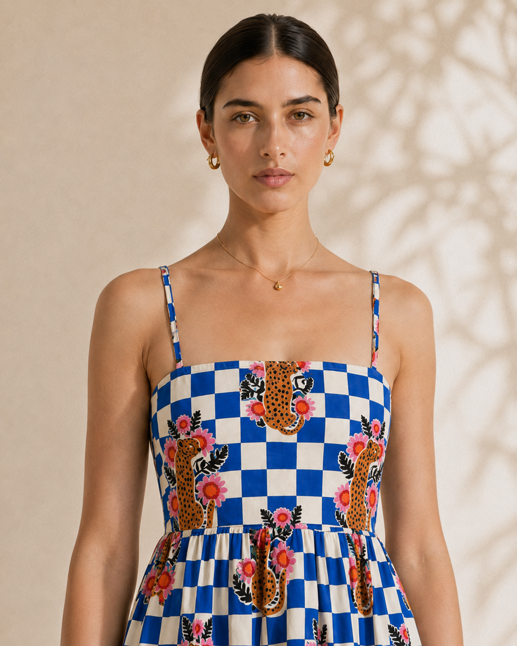 Checkered Cheetah Strappy Maxi Dress