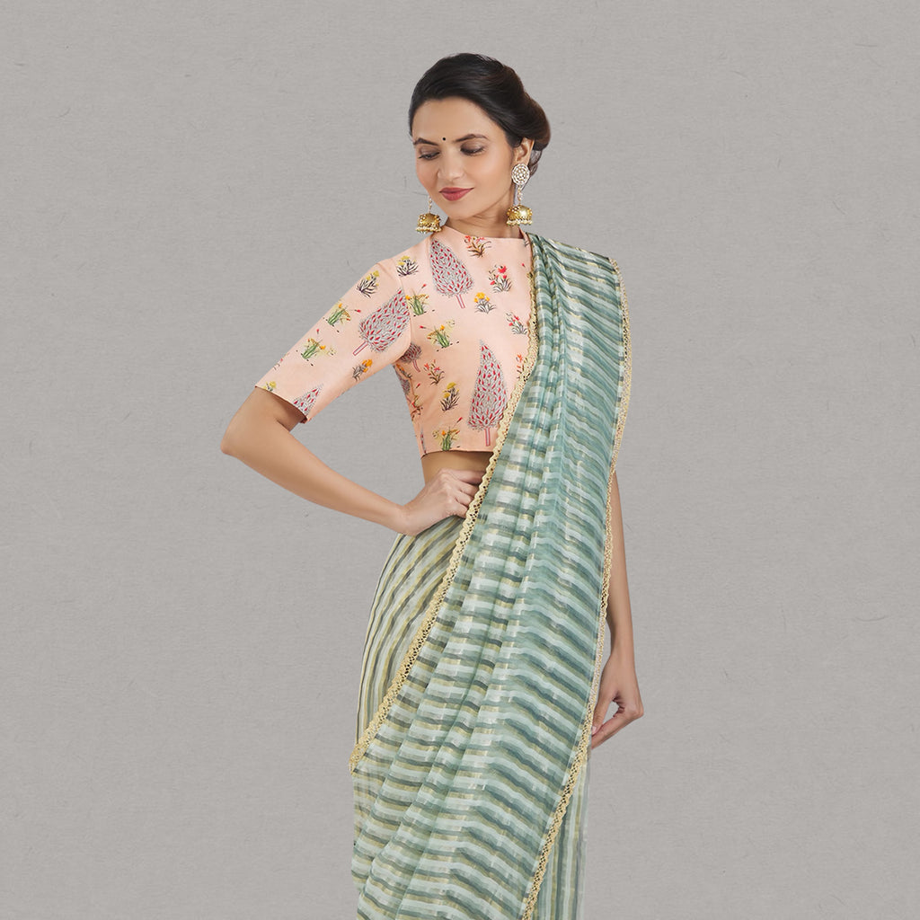 Mint Green Metallic Stripe Maheshwari Saree
