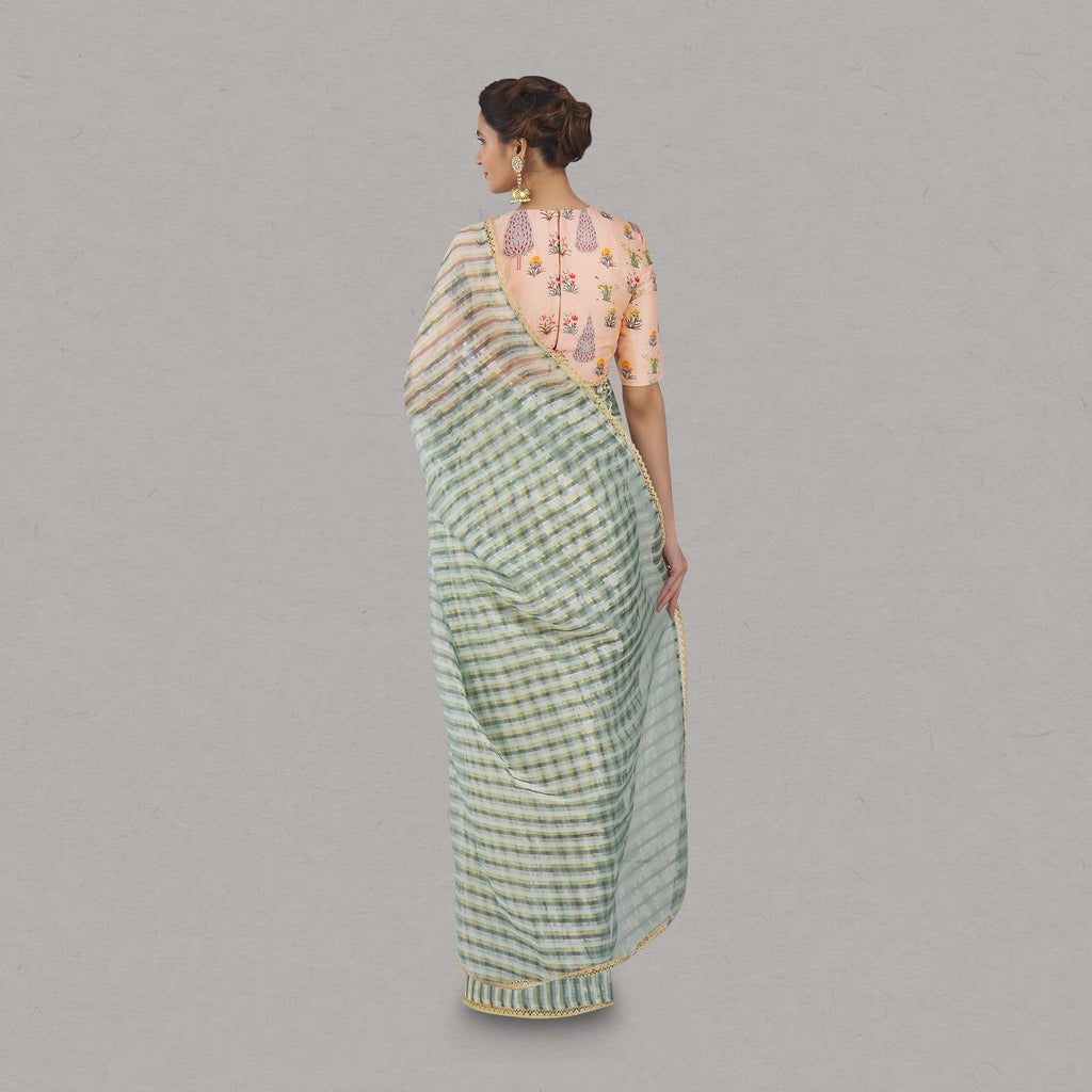 Mint Green Metallic Stripe Maheshwari Saree