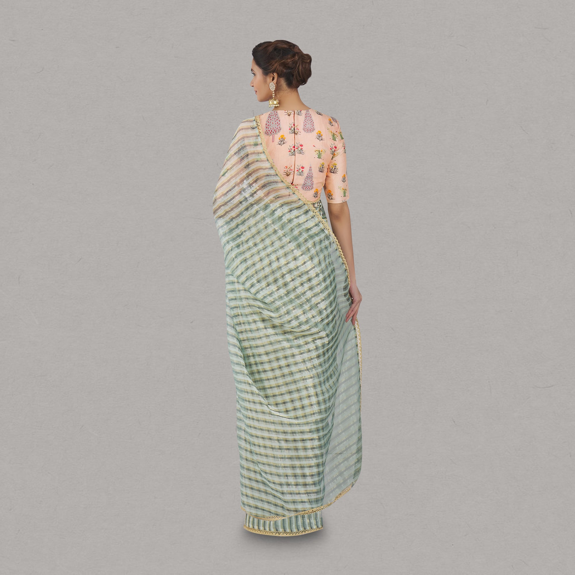 Mint Green Metallic Stripe Maheshwari Saree