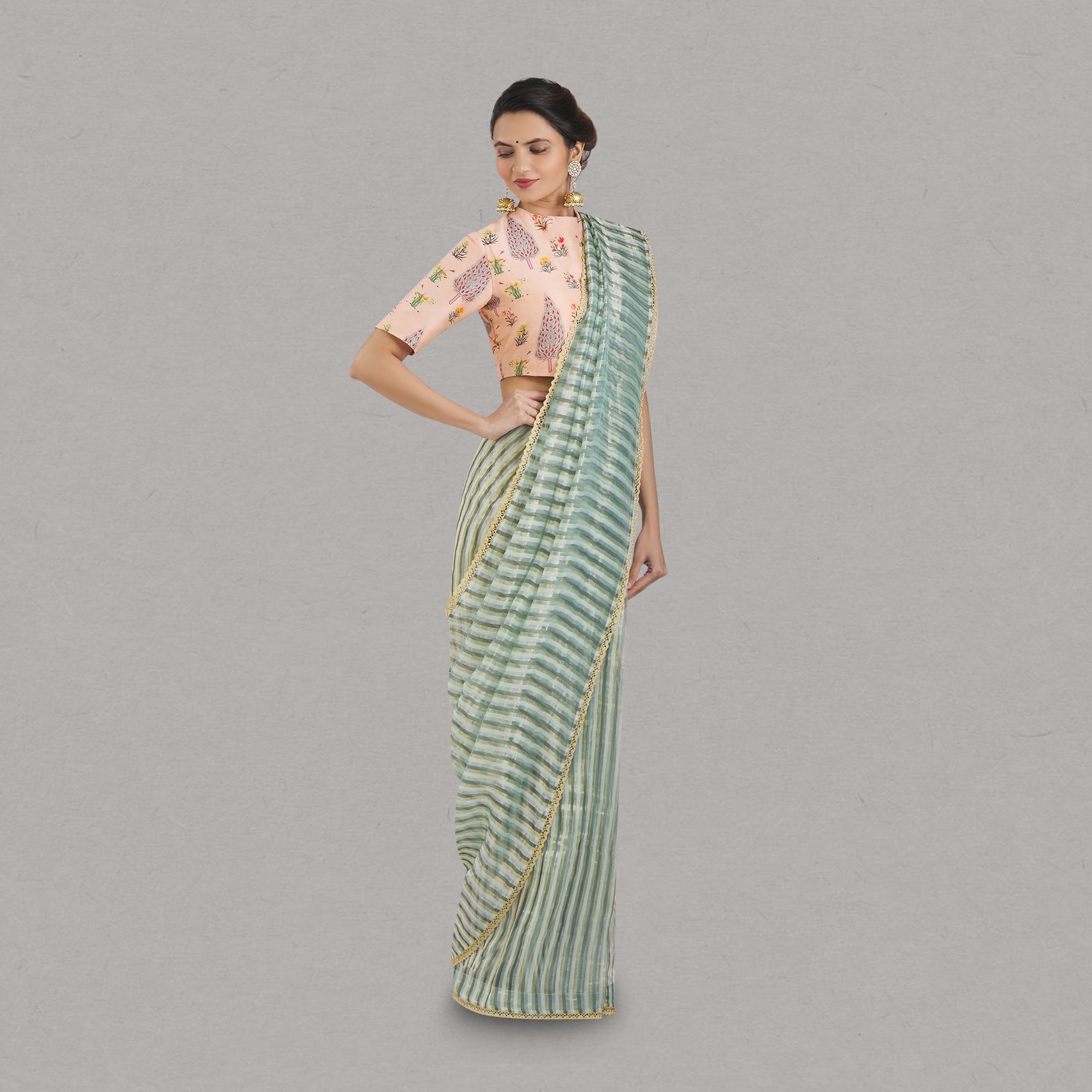 Mint Green Metallic Stripe Maheshwari Saree